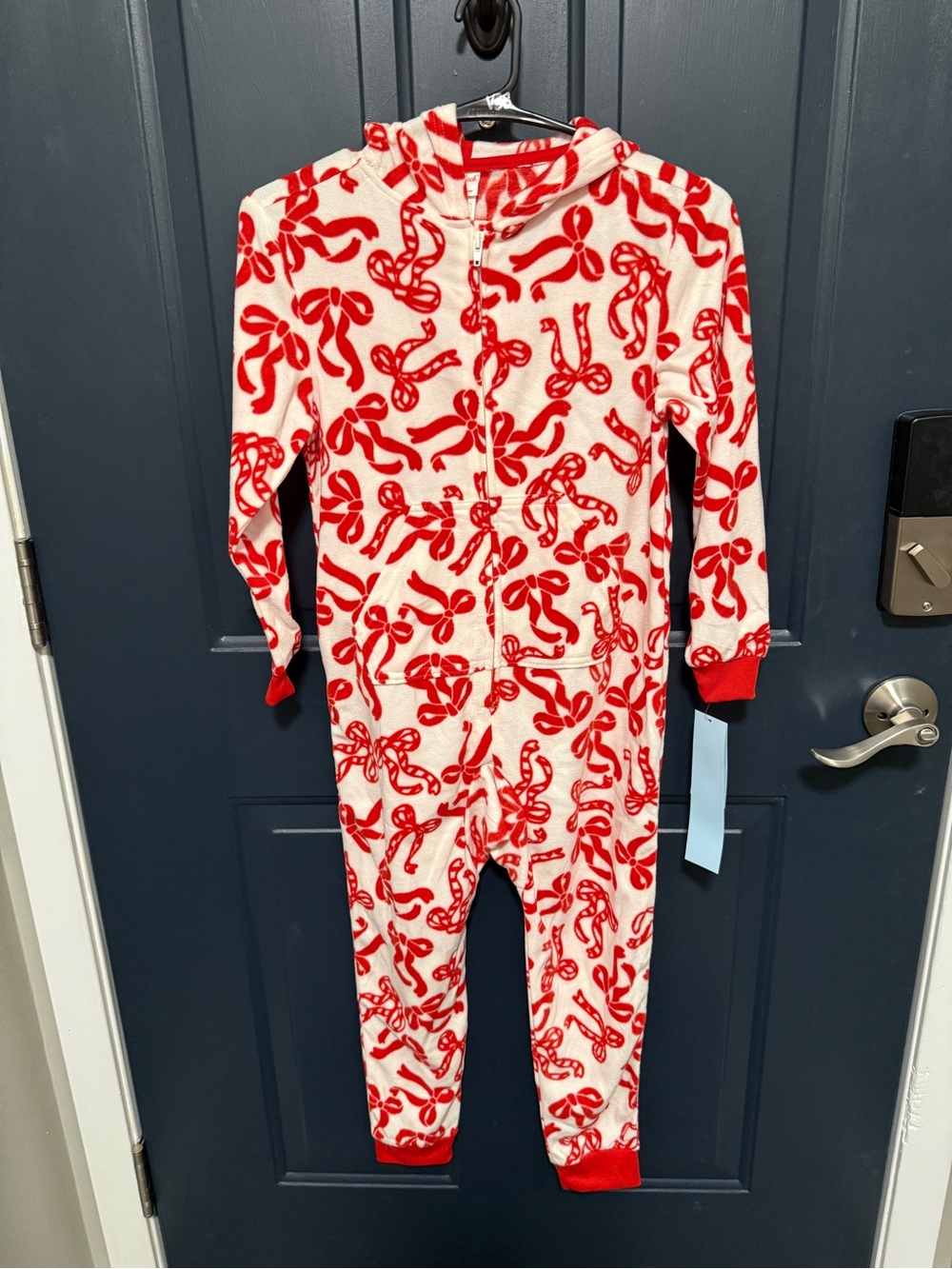 Kids Red & White Candy Bows Print Hooded One-Piece Pajamas